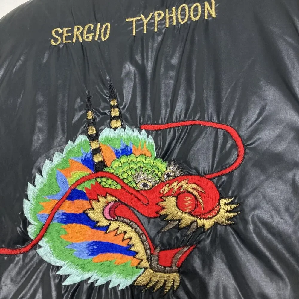 Sergio Valente Vest Mens Large Black Puffer Quilted Dragon Back Embroidered